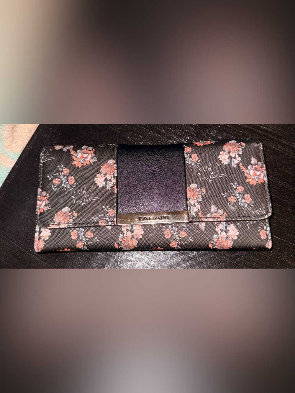 T Tahari Black Wallet with Pink Floral Accents